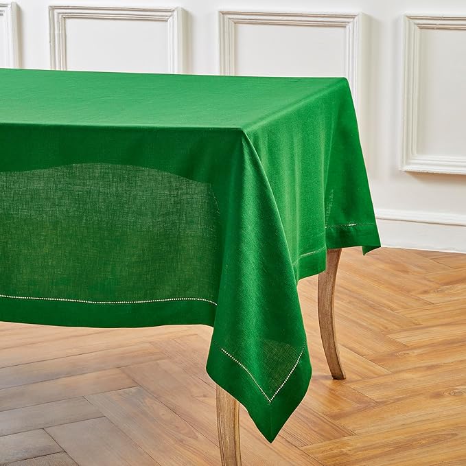 Solino Home Garden Green Linen Tablecloth 60 x 108 Inch - 100% Pure Linen Hemstitch Table Cloth for Rectangle Tables - Classic Hemstitch, Washable Tablecloth for Winter, St Patricks Day, Easter