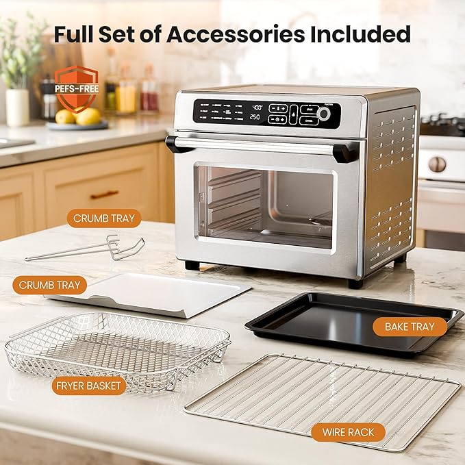 Kismile 25QT Air Fryer Toaster Oven Combo, 12-in-1 Large Countertop Convection Airfryer Oven, 70??50?? Bake, Roast, Reheat, Broil, Fits 12??Pizza, Includes Full Accessories, Stainless Steel(Silver)