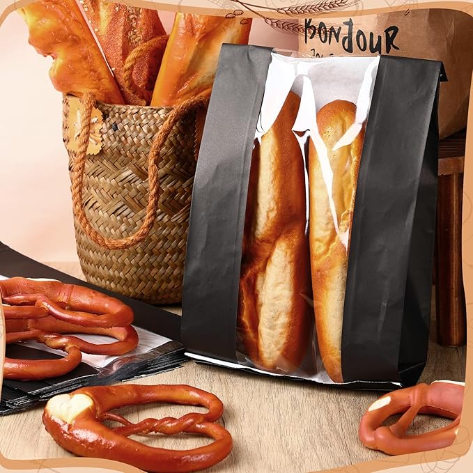 Domensi 450 Pcs Paper Bread Bags for Homemade food 13.7 x 8.2 x 3.5 Inch Large Paper Bakery Bag with Window Sourdough Bread Bags for Baked Food Packaging Storage (Black)