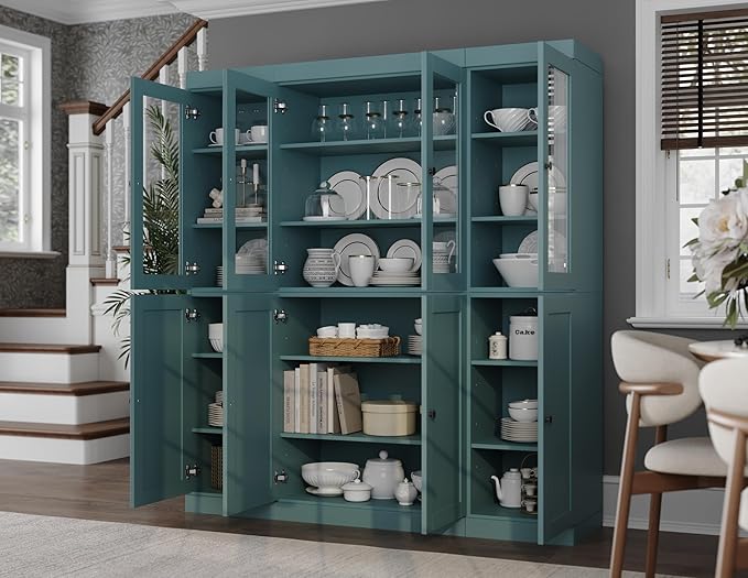 Palace Imports 100% Solid Wood Kitchen China Pantry Cabinet, 65" W - 4 Clear Glass & 4 Shaker Doors, Renewable Eco-Friendly Wood, Made in Brazil (Aqua, 8 China/Shaker Doors | NO Drawers)