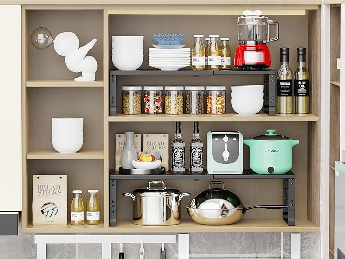 Adjustable Expanable Stackable Spice Rack Shelf Pantry Storage Organizer for Kitchen Cabinet,Countertop,Bathroom and More.Space is no Longer Limited(3Packs/Black/Large)