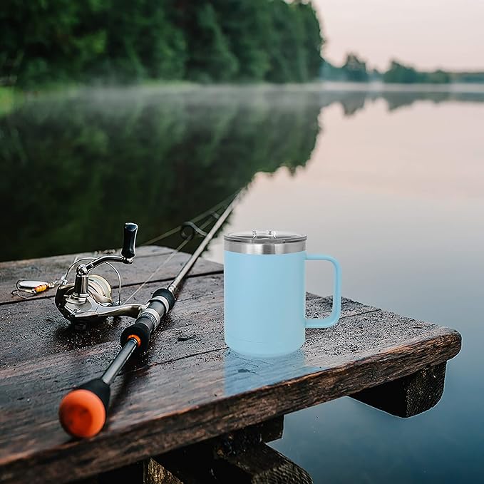 Clear Water Home Goods - (Bulk Pack of 12-15 oz Double Wall Coffee Mug with Lid and Handle, Double Insulated Stainless Steel Travel Tumbler Cup - Powder Coated - Light Blue