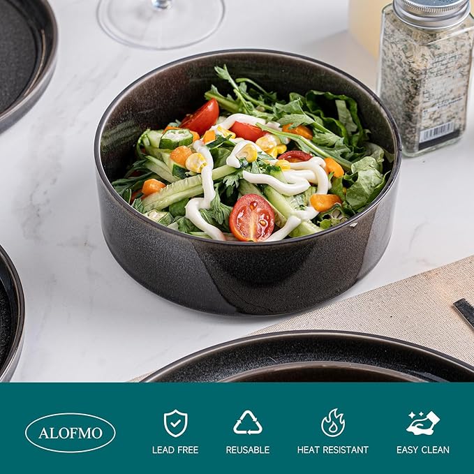 Stoneware Dinnerware Sets, Plates and Bowls Set for 4, 12-Piece Modern Stoneware Dinnerware ??Chip Resistant, Non-Toxic, Dishwasher and Microwave Safe Tableware竊똆lossy Black
