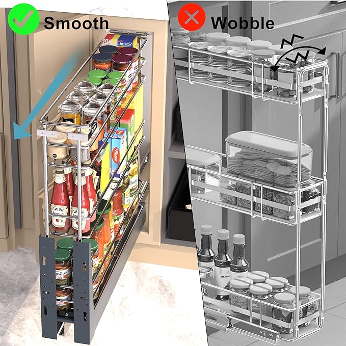Pull Out Spice Rack for Narrow Cabinet (4⅛" W X 19⅔" D), Heavy Duty 3 Tier narrow PullOut Cabinet Organizer and Slide Out Shelves for inside Base Cabinets, Filler Pantry Storage