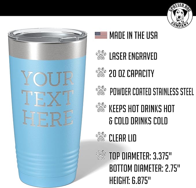 Personalized 20oz (17 Colors) Powder Coated Insulated Stainless Steel Tumbler with Lid, Custom Etched, Customized Text Message Name, Engraved Gift Idea Women Men Him Her, Your Text Here (Light Blue)