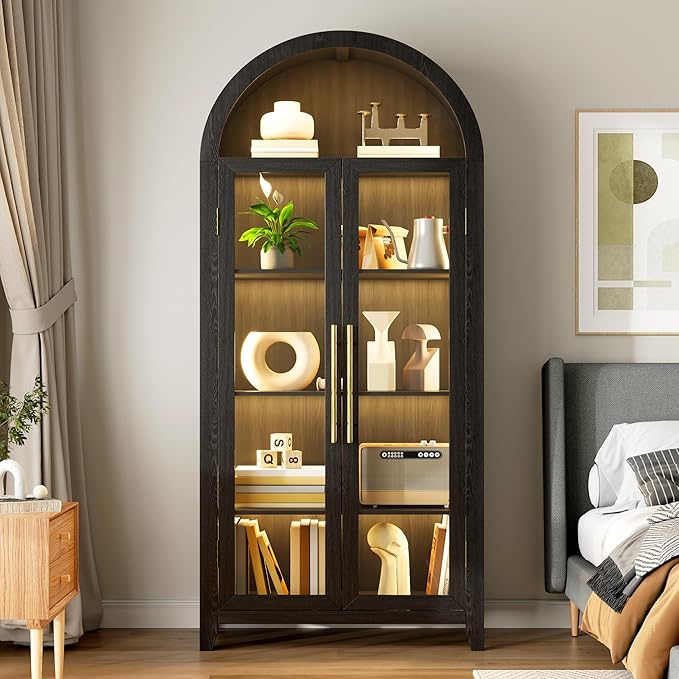 Vlsrka 71" Arched Storage Cabinet with Doors, Display Cabinet with LED Light & Human Sensor, 5-Tier Display Cases for Collectibles, Curio Cabinet with Ajustable Shelf for Living Room(Black)