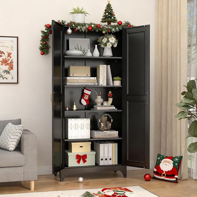 Kitchen Pantry Cabinet,75?쒫lack Metal Storage Cabinets with Doors and 4 Adjustable Shelves,Kitchen Cabinet with 2 Gold Handles,Tall Cabinet for Livingroom, Bathroom