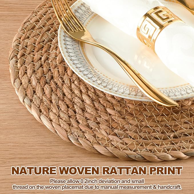 Round Woven Placemats 13 Inch Set of 10 - Boho Rattan Placemat Natural Water Hyacinth Placemats, Farmhouse Weave Place Mats, Rustic Braided Wicker Table Mats for Dining Table,Home,Wedding