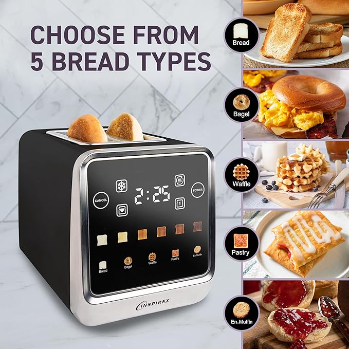 Inspirex Touch Screen Toaster - 2 Extra Wide Slots - 5 Bread Types and 6 Browning Levels - Defrost, Reheat, Favorite, & Single Slot Modes - For Toast, Bagels, & Waffles ??Black