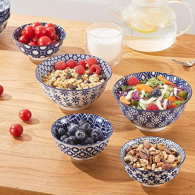 AntoKueh 6 inches Blue and White Ceramic Bowls, 23Oz Deep Cereal Porcelain Bowls set of 6, Large Soup Bowls for Salad, Fruit, Vintage