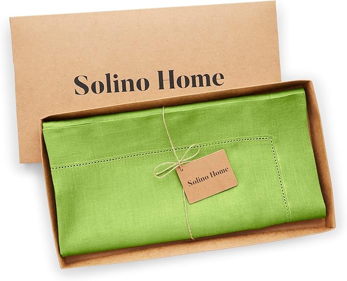 Solino Home Linen Square Tablecloth 52 x 52 Inch - 100% Pure Linen Lime Green Table Throw - Classic Hemstitch, Machine Washable Table Cloth for Spring, Easter, St Patricks Day