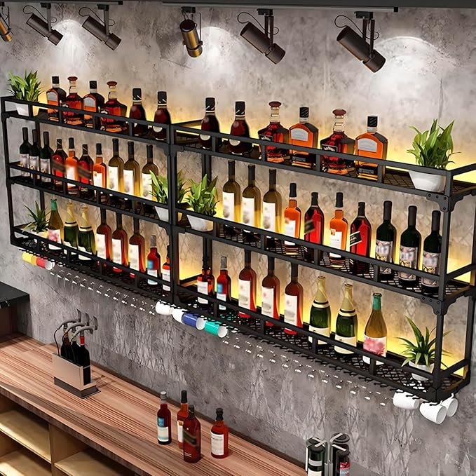 Wall Mounted Wine Rack, Floating Industrial Liquor Glass Holder 3 Tiers, Large Metal Wine Bottle Display Rack Hanging Shelf, for Home Bar Dining Room Decorative (Black, 59.05x35.43x9.84in)