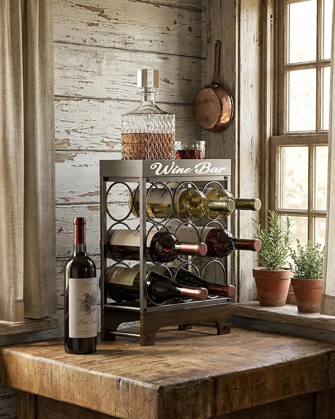 Countertop Wine Rack - 9 Bottle Freestanding with Top Tray, Modern Black Metal &Wood, 3 Tier Tabletop Wine Holder Stand for Home Kitchen Bar, Cabinet, Pantry, Wine Bottle Storage
