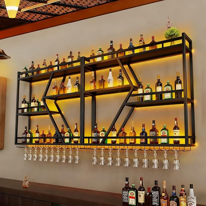 94.48in Metal Wine Rack Wall Mounted, Modern Wine Storage Rack Wall Mounted with Wine Glass Holder, Liquor Shelf, Bar Shelves for Liquor Bottles (3 Tiers Black, 94.48 * 7.87 * 33.85INCH)