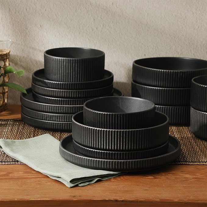 Gibson Elite Deerfield 16-Piece Stoneware Dinnerware Set ??Matte Black Reactive Glaze Plates and Bowls, Stackable, Modern Design, Service for 4 ??Microwave & Dishwasher Safe