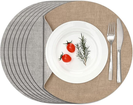Myir JUN Reversible Vinyl Round Placemats Set of 8, Faux Leather Place Mats Dual Sided Waterproof Oilproof Wipeable, Heat-Resistant Table Mats for Kitchen Dining Indoor Outdoor (14", Light Gray Beige)