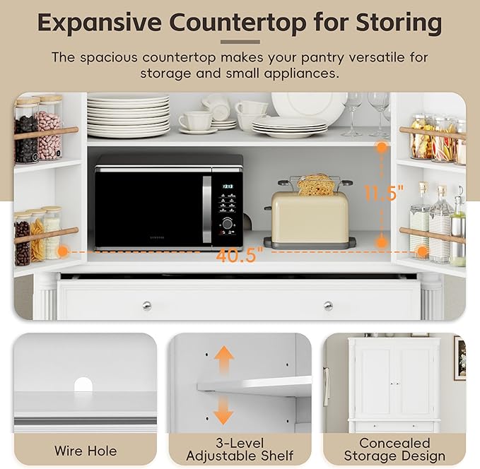 Merax 77" Tall Large Kitchen Pantry Storage Cabinet with 2 Doors & 2 Adjustable Shelves & 5 Drawers & 6 Side Door Shelves, Modern Freestanding Food Pantry for Dining Room, Living Room, White