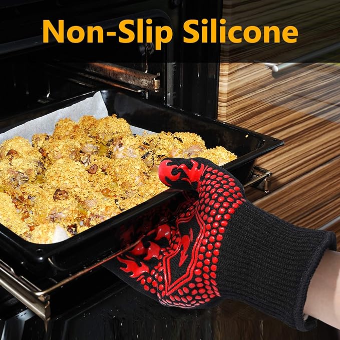 QUWIN BBQ Gloves, BBQ Accessories 1472??Extreme Heat Resistant, Grilling Gloves Silicone Non-Slip Oven Mitts, Kitchen Gloves for BBQ, Grilling, Cooking, Baking-1 Pair??(One Size Fits Most, Red)