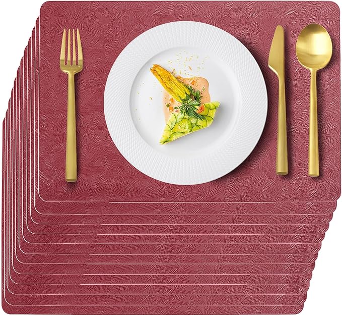Uolr Vinyl Placemats Set of 12 Faux Leather 100% Waterproof Wipeable Washable Place Mats Heat Resistant Easy Clean Non-Slip Table Mats for Indoor Outdoor. (12,Red)