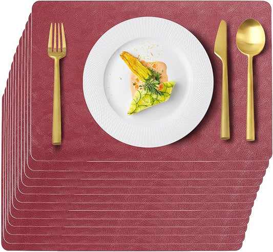 Uolr Vinyl Placemats Set of 12 Faux Leather 100% Waterproof Wipeable Washable Place Mats Heat Resistant Easy Clean Non-Slip Table Mats for Indoor Outdoor. (12,Red)