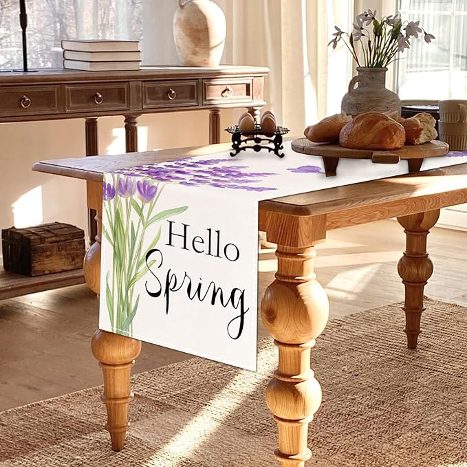 ZCHOMI Spring Purple Lavender Table Runner 13x72 Inch Hello Spring Butterfly Kitchen Dinning Table Decoration for Indoor Outdoor Home Party D챕cor