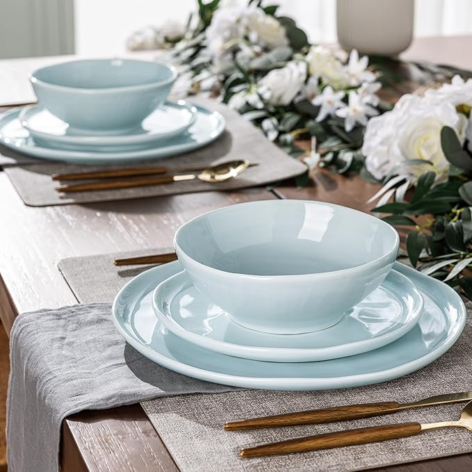 LERATIO Ceramic Dinnerware Sets for 4,Porcelain Plates and Bowls Sets with Wavy Edge,Microwave & Dishwasher & Oven Safe,Light Weight & Scratch Resistant Dishes Sets-Service for 4 (12pcs)-Light Blue