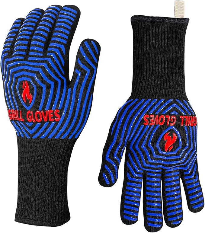 QUWIN BBQ Gloves, Oven Gloves 1472??Extreme Heat Resistant, Grilling Gloves Silicone Non-Slip Oven Mitts, Kitchen Gloves for BBQ, Grilling, Cooking, Baking-1 Pair??(Black Blue, One SizeLong Cuff