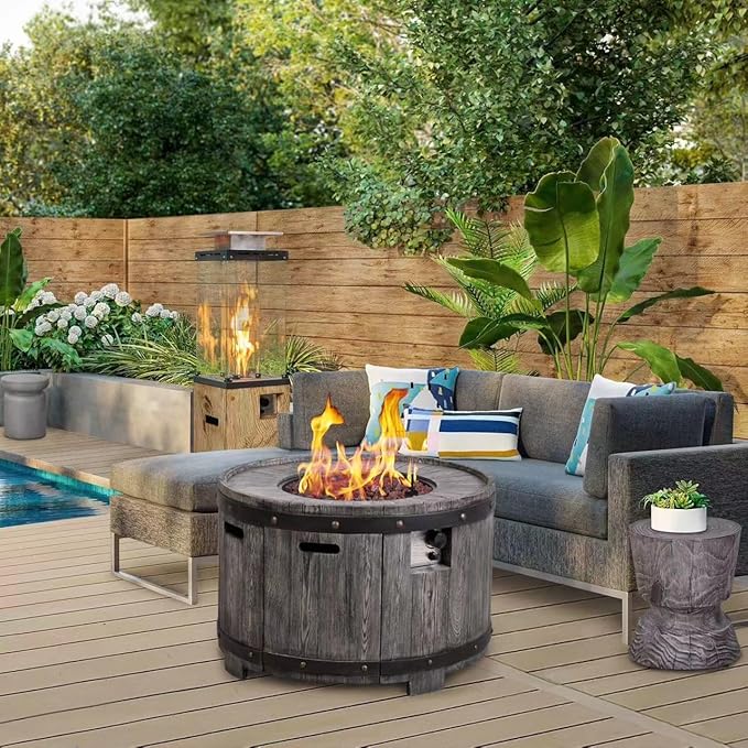 Afterglow Outdoor 36" Round TerraFdab Propane Fire Pit Table for Outside Patio Backyard Garden, Firepit Table with Weather Cover and Lava Rocks(Gas Tank not Included)竊?0000 BTU, Wood Look(Grey)