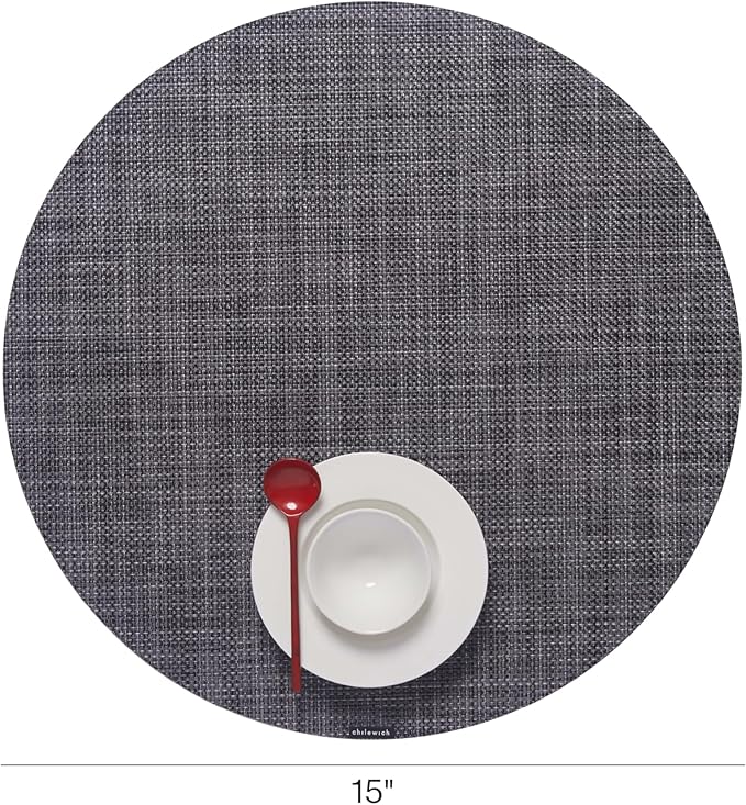 Chilewich Mini Basketweave Placemats in Cool Grey - Set of 4 - Easy Care Woven Tabletop Textiles - Indoor/Outdoor - 15" Round