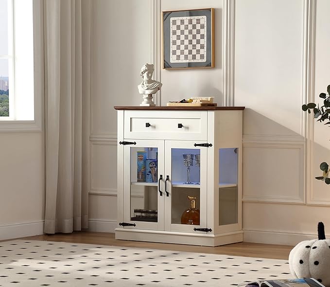 31.5'' Modern Small Buffet Cabinet with Storage,Buffet Sideboard with Two Glass Doors and a Drawer,Small Coffee bar Cabinet with Adjustable Shelf,for Kitchen,Antique White