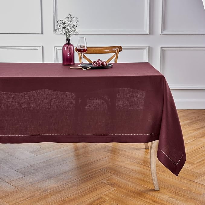 Solino Home Linen Burgundy Tablecloth 60 x 90 Inch - Classic Hemstitch, 100% Pure Linen Rectangular Tablecloth - Machine Washable Table Cloth for Valentines, Winter