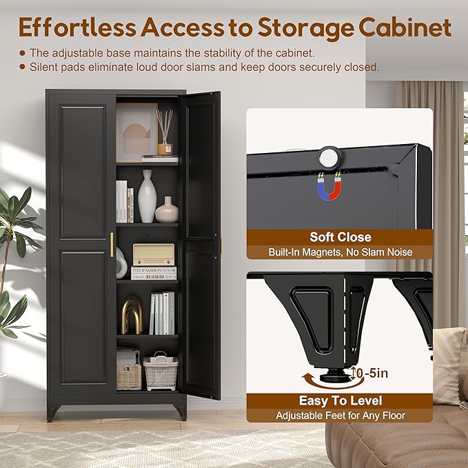 75" Kitchen Pantry Cabinet, Tall Storage Cabinet with Doors and 4 Shelves, Metal Storage Cabinets for Kitchens, Living Room, Dinning Room, Assembly Required, Black
