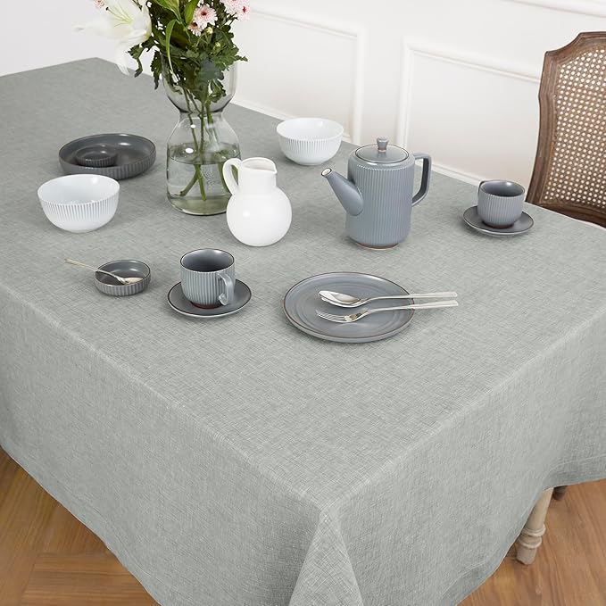 Solino Home Linen Tablecloth 60 x 90 Inch - 100% Pure Linen Chambray Grey Table Cloth for Rectangle Tables - Athena, Machine Washable Fabric Tablecloth