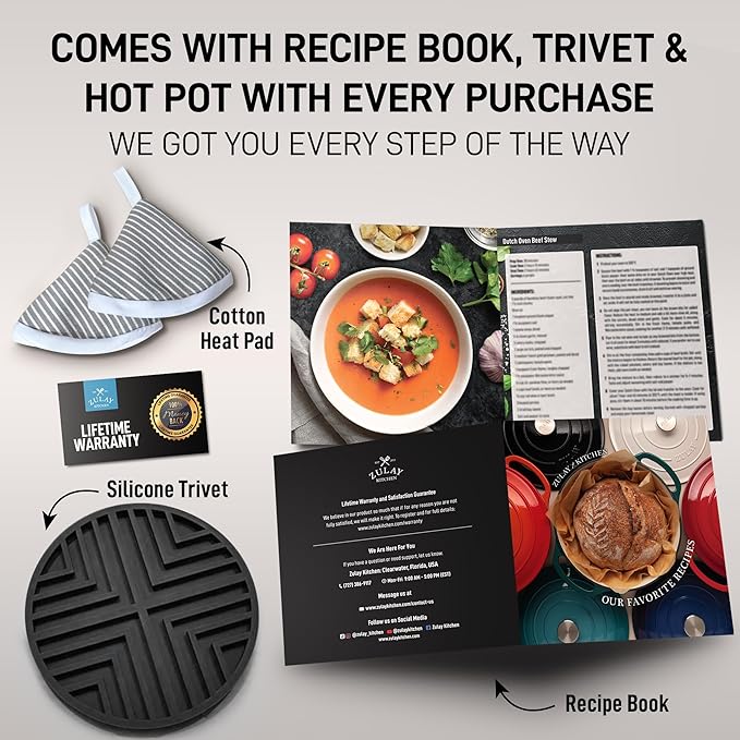 Zulay Kitchen 6 Quart Enameled Cast Iron Dutch Oven Pot with Lid ??Premium Durability & Oven Safe up to 500째F ??Heavy Duty Cookware Perfect for Bread Baking, Stews, Braising & Roasting ??Gray