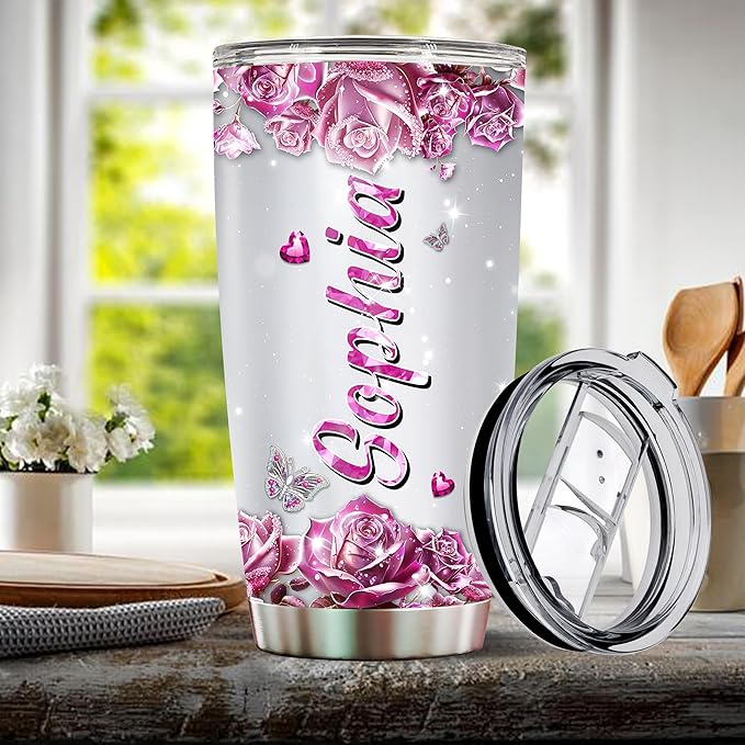 WONWIX Personalized Butterfly Coffee Mugs For Girls Mom Women Adults Butterflies Lovers Water Bottle Travel Mug Mothers Day Birthday Christmas Valentine 20oz Stainless Steel Cup With Lid