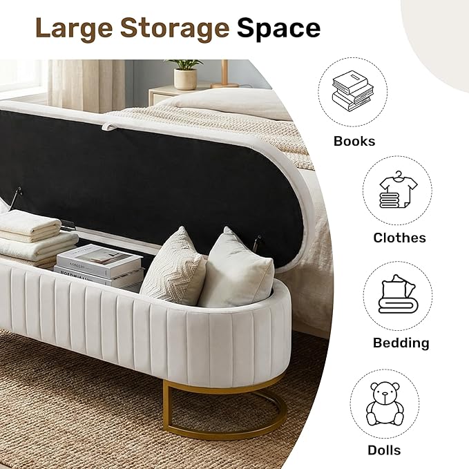 VIROL 51 Inch Storage Ottoman Bench Velvet End of Bed Storage Bench King Size Upholstered Tufted Bench Large Space for Bedroom Living Room Entryway Beige