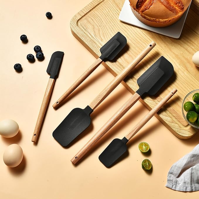 Non-Stick Rubber Spatula Set 5 Pieces - Food Grade Silicone Spatulas, Spoon Scraper, Jar Scraper, Flat Scraper for Baking Cooking Mixing Frosting - 600째F Heat Resistant (Cream White)