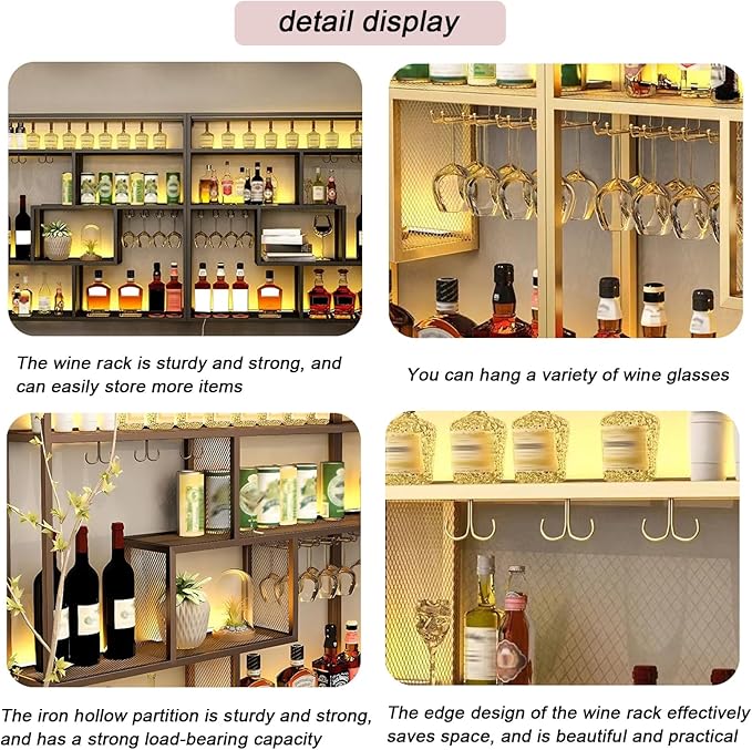 59.1in Wall Mounted Wine Rack, 4 Tier Wall Mount Bottle Rack with Glass Holder, Industrial Metal Floating Bar Liquor Bottles Display Storage Shelf for Dining Room, Kitchen (Black, A,59.1in)