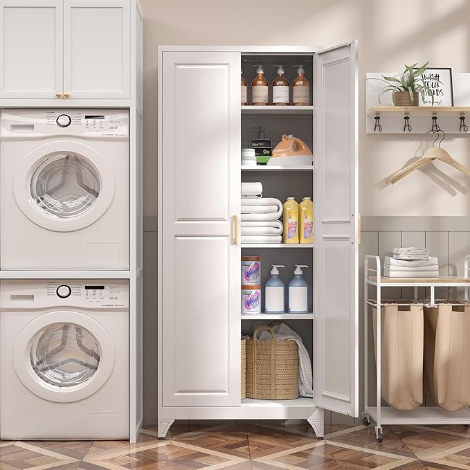 Kitchen Pantry Cabinet,75?쓂hite Metal Storage Cabinets with Doors and 4 Adjustable Shelves,Kitchen Cabinet with 2 Gold Handles,Tall Cabinet for Livingroom,Pantry, Bathroom