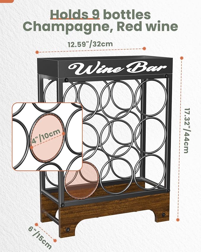Countertop Wine Rack - 9 Bottle Freestanding with Top Tray, Modern Black Metal &Wood, 3 Tier Tabletop Wine Holder Stand for Home Kitchen Bar, Cabinet, Pantry, Wine Bottle Storage