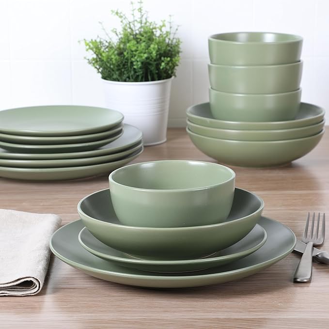 Gibson Home Queenslane 16-Piece Matte Green Stoneware Dinnerware Set ??Double Bowl Plates and Bowls, Durable Kitchen Dinner Set