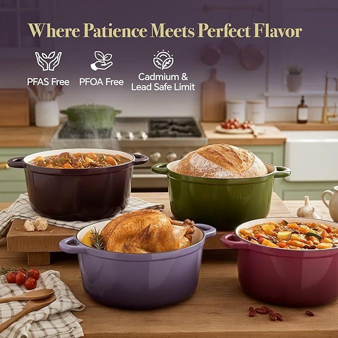 Vintage Style 4.5 Quart Dutch Oven Pot with Lid, Non Stick Enameled Cast Iron Dutch Oven for Bread Baking, Heavy-Duty, Oven Safe Ceramic Cookware Up to 500째F for Baking, Braising, Stews, Roasting, Purple