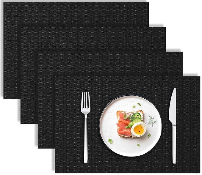 Blue Forest | Rectangular Faux Linen Placemats Set of 4 | Dual- Layered Thickened for Durability | Heat Resistant | Machine Washable | Wrinkle Free for Easy Care Indoor/Outdoor Use - Black