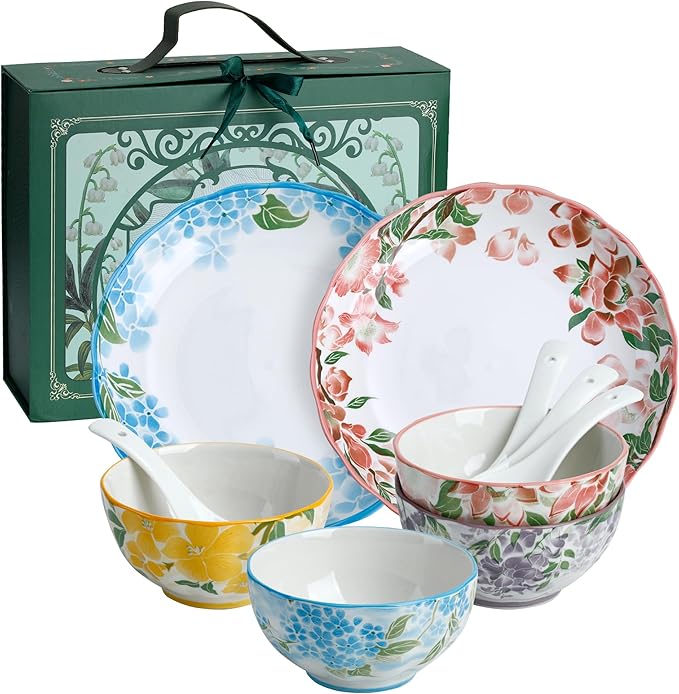 Premium Green Floral Porcelain Dinnerware Set of 2, 10-Piece Plates & Bowls for Family, Microwave & Dishwasher Safe, Luxury Gift Box Packaging