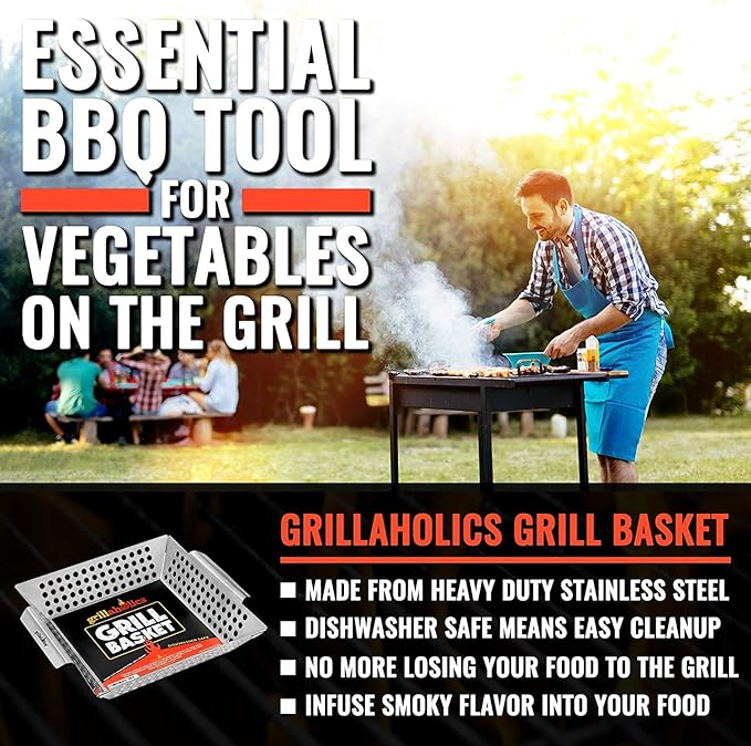 Grillaholics Vegetable Grill Basket for Outdoor Grill - Extra Large, Heavy-Duty Stainless Steel Veggie Grilling Basket with Handles