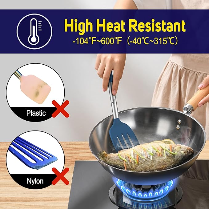 HOTEC Silicone Spatula Set of 2 Heat-Resistant 600째F & BPA-Free Kitchen SaptulaTurner with Stainless Steel Handles, Slotted & Solid Spatulas for Nonstick Cookware, 13.7 Inch, Classic Blue