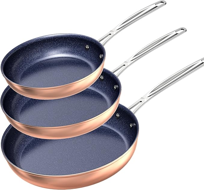 Nuwave 3-Piece Fry Pan Set, 8?? 10?? 12??Forged Lightweight, G10 Healthy Duralon Blue Ceramic Ultra Non-Stick, Induction-Ready & Works on All Cooktops, Ergonomic Stay-Cool Handles