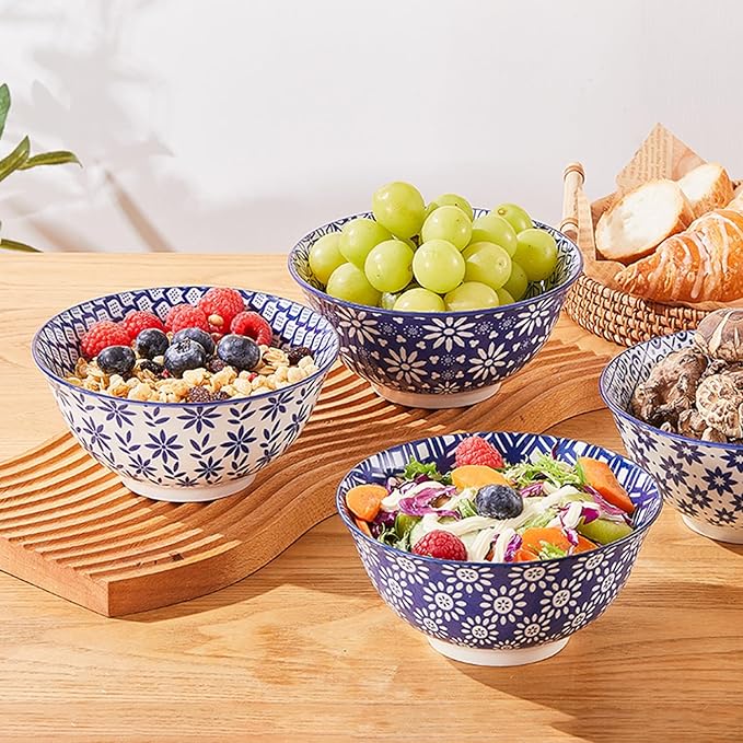 AntoKueh 6 inches Blue and White Ceramic Bowls, 23Oz Deep Cereal Porcelain Bowls set of 6, Large Soup Bowls for Salad, Fruit, Vintage