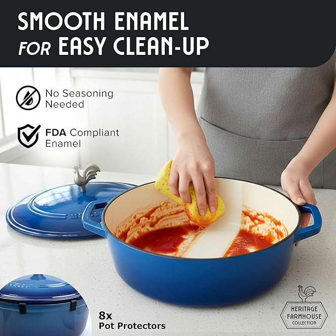 MUELLER HOME 5.5 Quart Enameled Cast Iron Oval Dutch Oven w Rooster Knob & Cotton Potholders, Heavy-Duty Cookware, Oven-Safe up to 500째 F & Across All Cooktops, Gifts for Grandma & Women, Aqua Blue