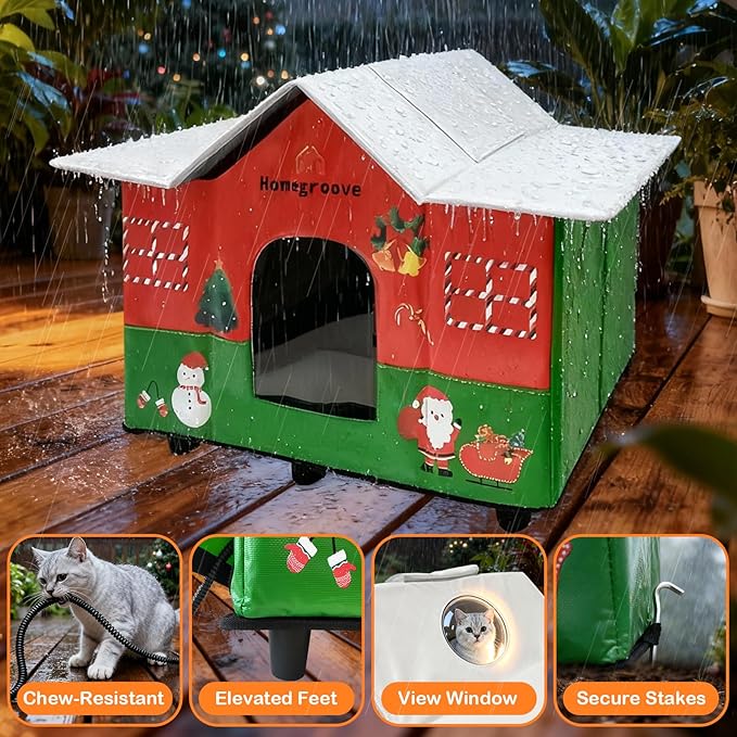 Homegroove Heated Cat House for Outside, 24x15.7x17 inches Extra Large Weatherproof & Insulated Heated Outdoor Cat House with Heating Pad, Christmas for Stray & Feral Cats